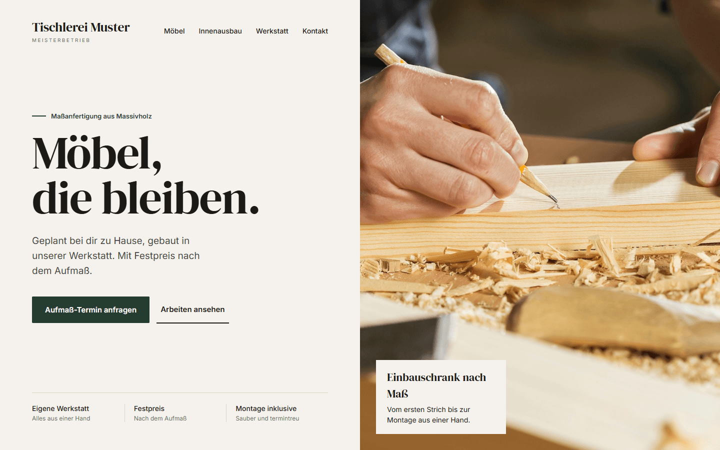 Beispiel eines VELA-Entwurfs für dieselbe Tischlerei: Überschrift „Möbel, die bleiben.“, ein Button für den Aufmaß-Termin und ein großes Werkstattfoto.