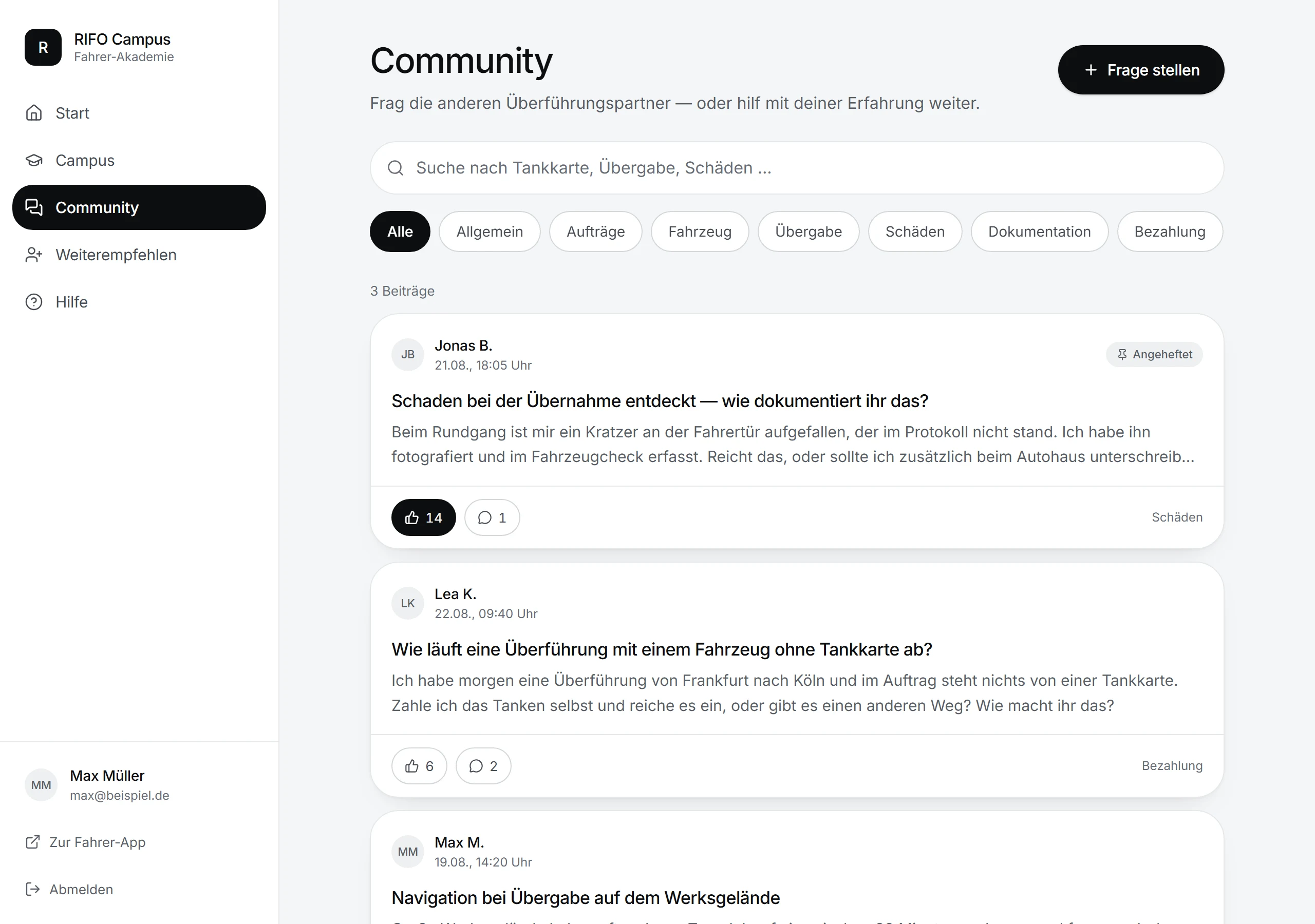 RIFO Campus: Community-Bereich für Fahrer.