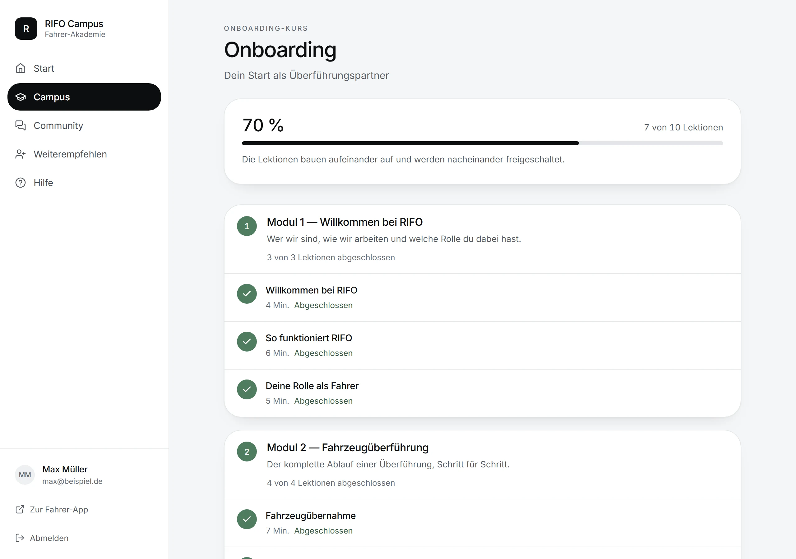 RIFO Campus: Ansicht eines Onboarding-Kurses.