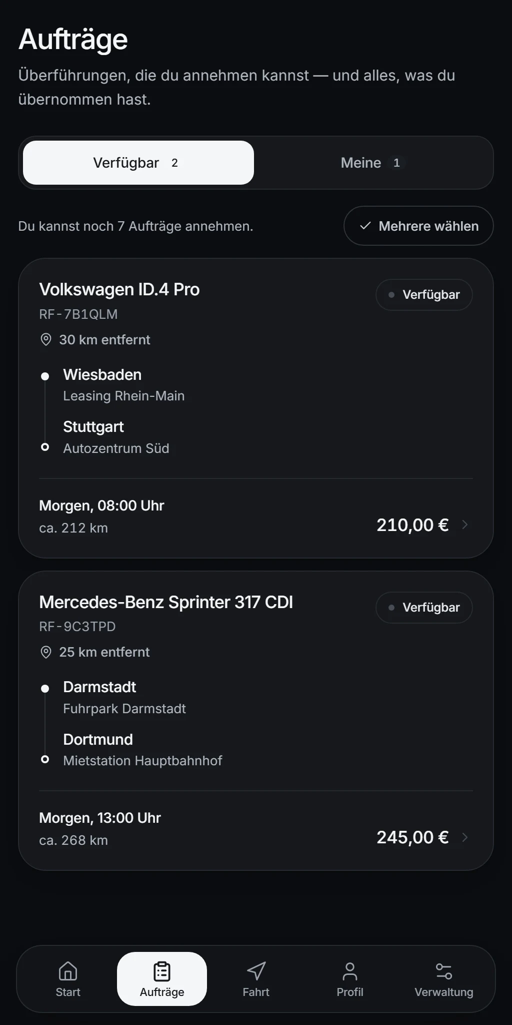Fahrer-App von RIFO: Liste der verfügbaren Aufträge.