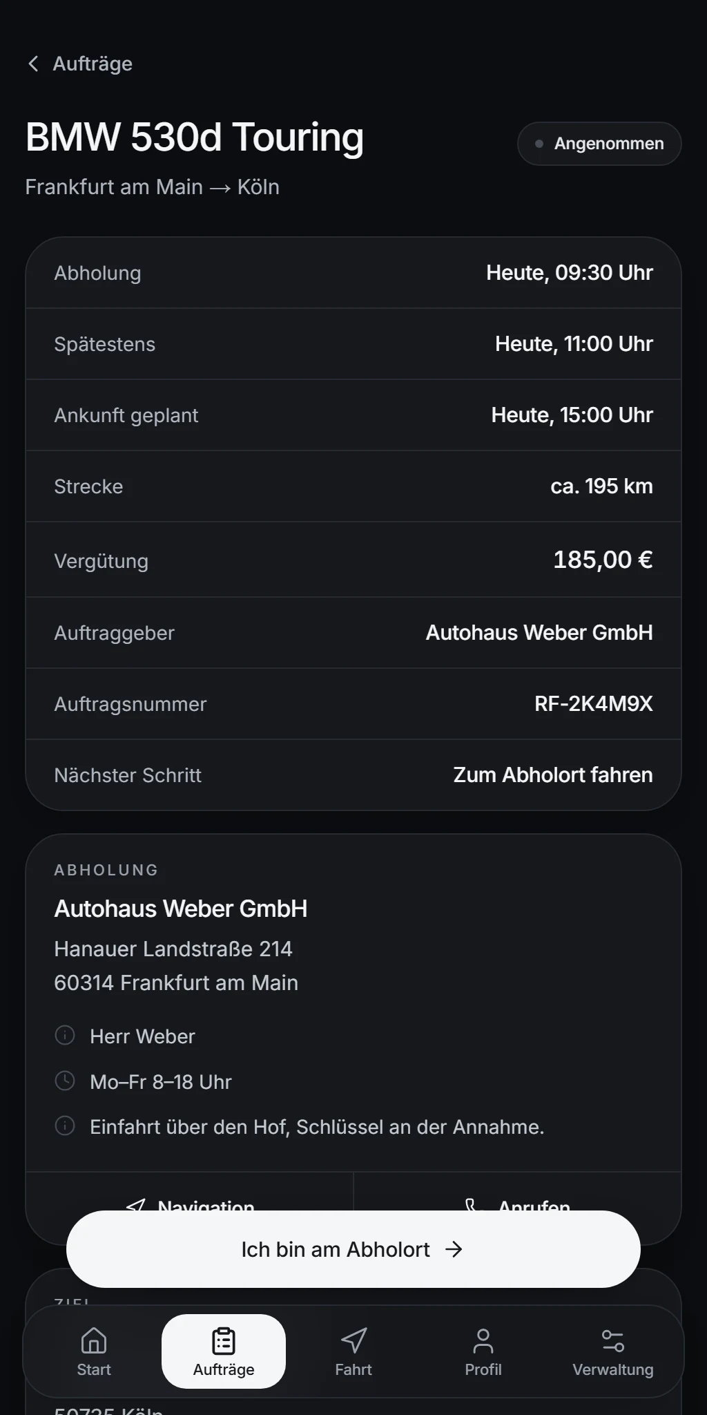 Fahrer-App von RIFO: Ansicht eines einzelnen Auftrags.