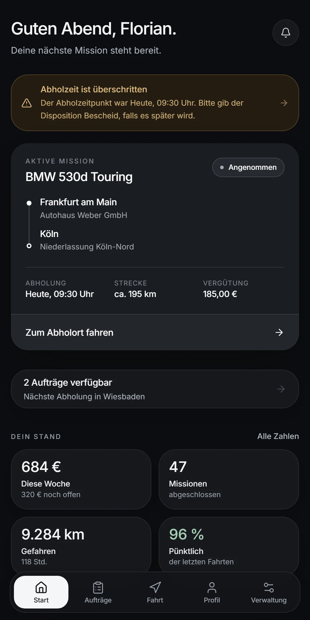 Fahrer-App von RIFO: Startansicht.